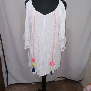 Surf Gypsy Boho Blouse Off Shoulder Blouse with Neon Tassel Accents Sz Large